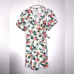 NWT Old Navy Floral Print Linen Pink Rose Puffsleeve Mini Wrap Dress Size Large